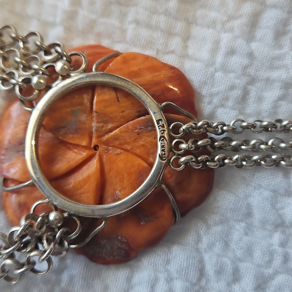 925 Solid Silver Orange Stone Flower Chocker - image 5